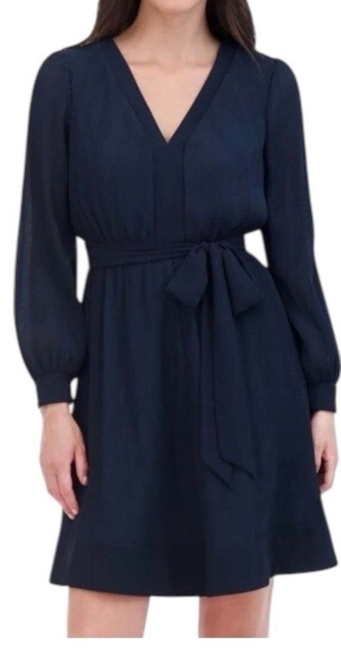Eliza J LS Pleated V-Neck Belted Chiffon Mini Holiday Dress Navy Size 14